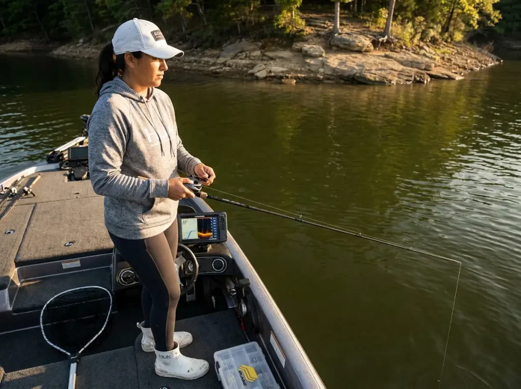 Angler demonstrating side-sweep drag retrieve with football jig on deep structure
