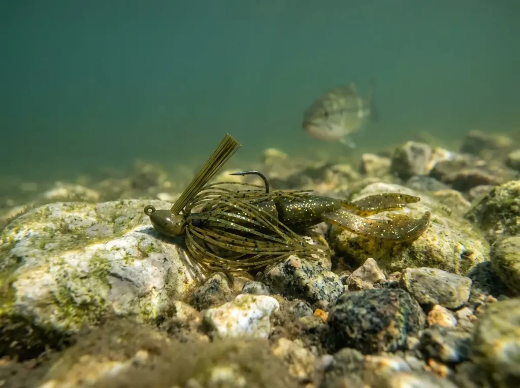 Close-up of a football jig head resting on chunk rock underwater structure