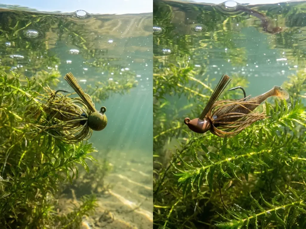 Football jig stuck in aquatic grass next to an Arkie jig that swims cleanly through cover