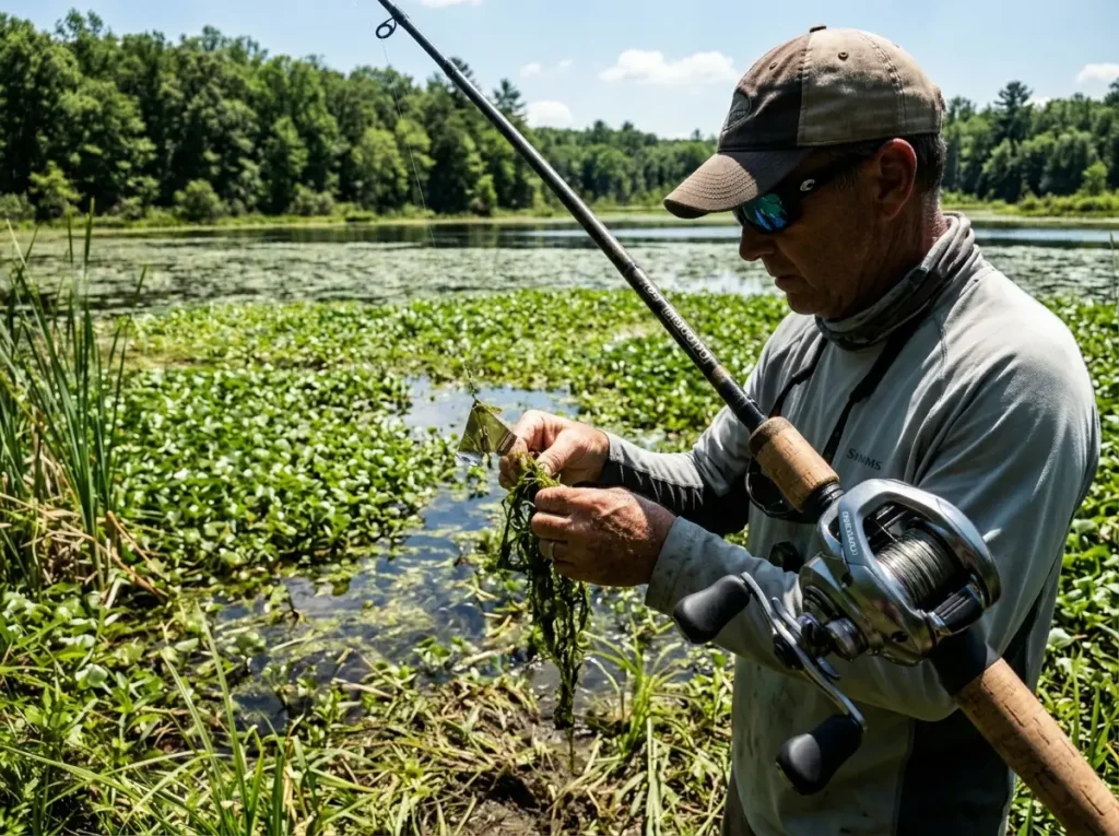 Angler inspecting fouled buzzbait due to poor tuning.