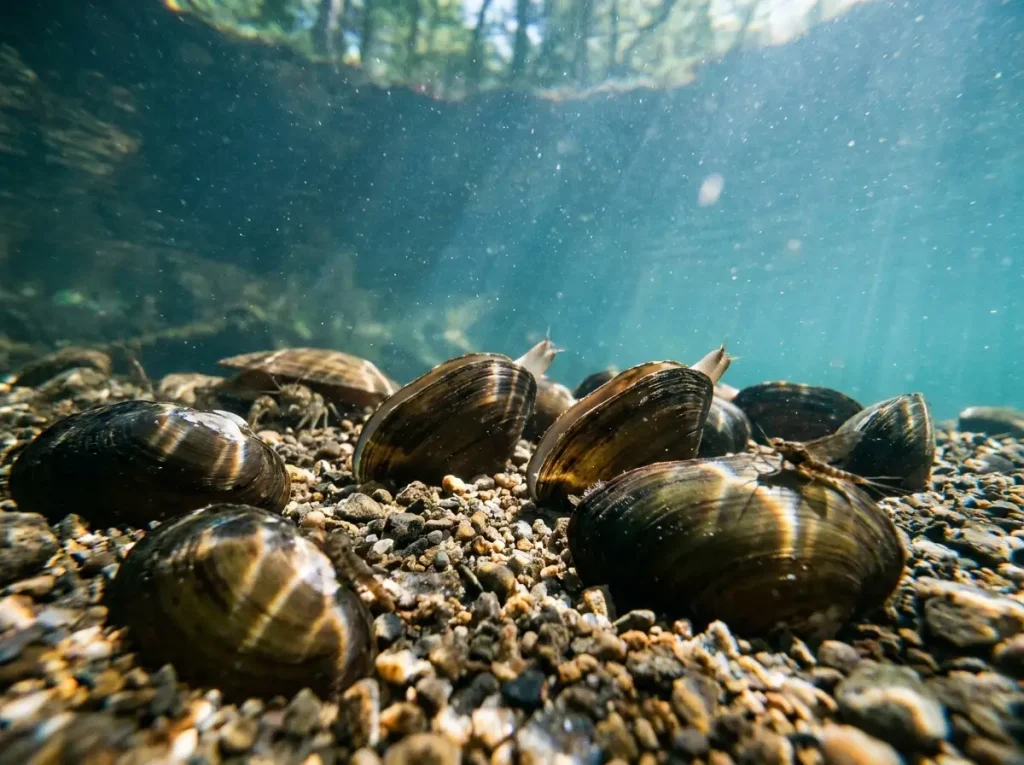 Native freshwater mussel bed on clear rocky riverbed with sunlight filtering through water column