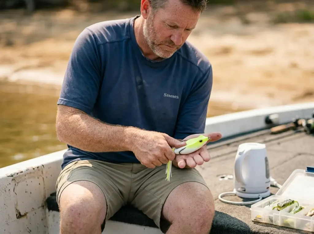 Angler squeeze-testing hollow body frog PVC compliance before fishing — Shore A hardness field check