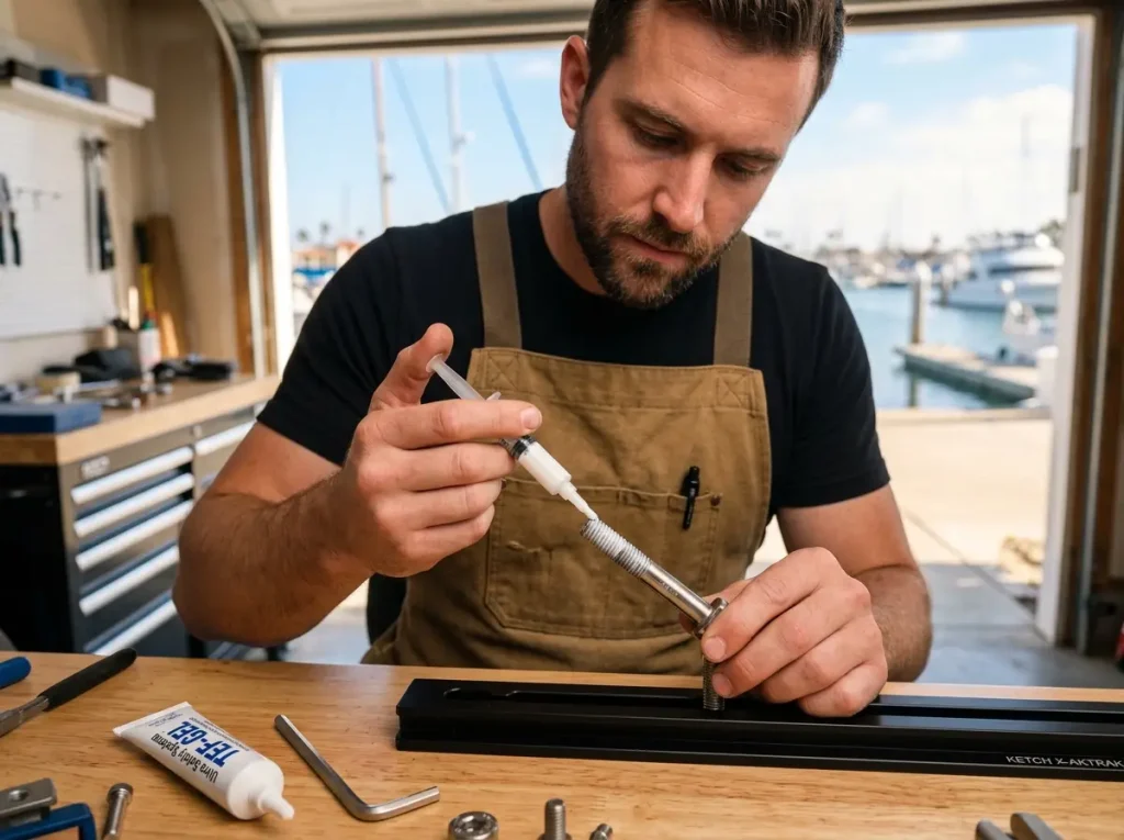Applying Tef-Gel to stainless bolts for corrosion resistant kayak rigging accessory rail track systems in saltwater settings.