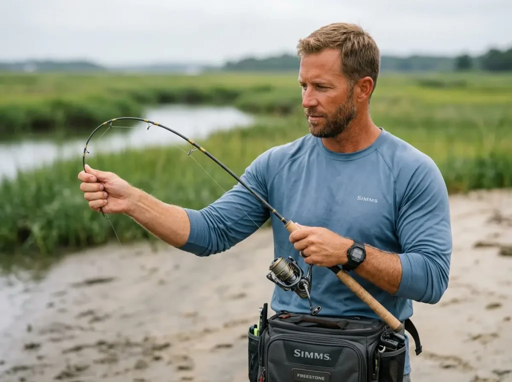 Testing an extra-fast action rod for inshore flounder.