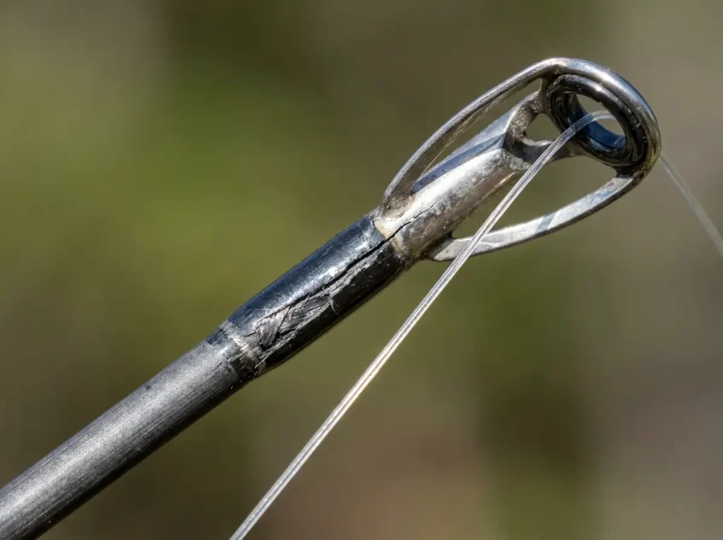 Close-up of a graphite fishing rod tip showing stress fracture near the tip top guide