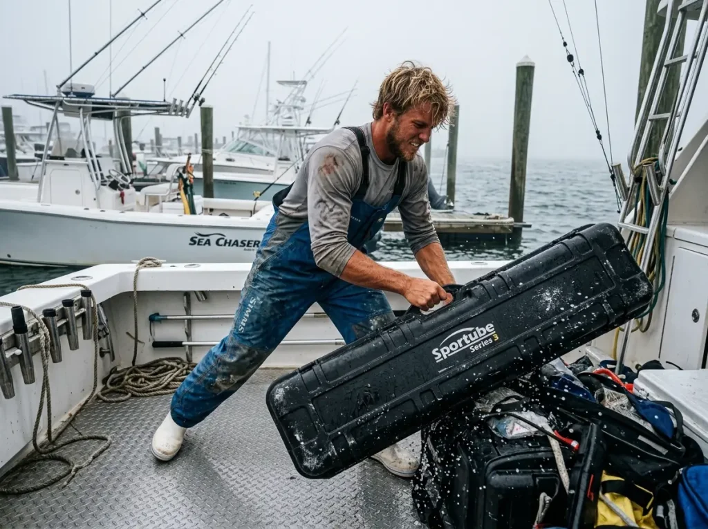 Deckhand tossing a durable HDPE fishing rod case travel protection guide.