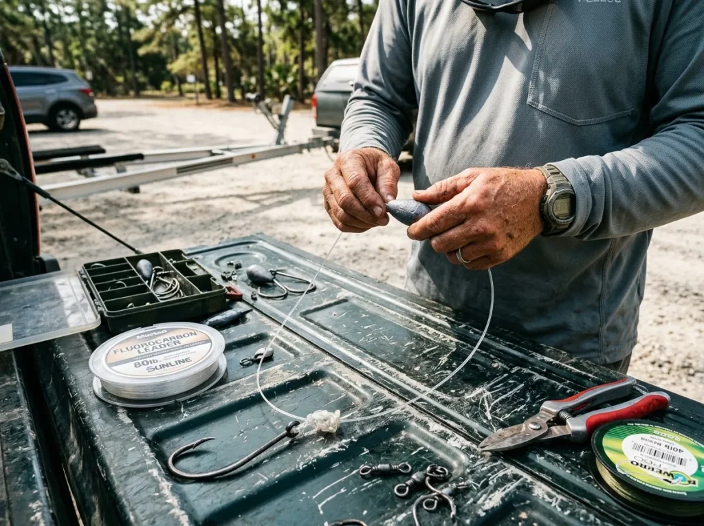 Rigging heavy circle hook and egg sinker for black drum 
