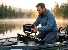 What Factory Kayak Tracks Get Wrong About Rigging Professional angler adjusting fish finder on heavy duty kayak rigging accessory rail track systems under golden hour light.