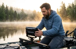 What Factory Kayak Tracks Get Wrong About Rigging Professional angler adjusting fish finder on heavy duty kayak rigging accessory rail track systems under golden hour light.