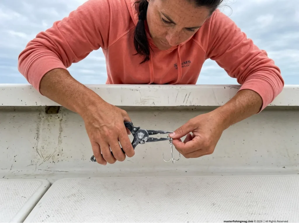 Saltwater guide preparing a new silver Mustad Duratin treble hook on a split ring to prevent high-carbon steel rusting.