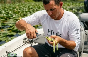 Hollow Body Frog Rigging Mistakes That Kill Hook-Ups Angler bending hollow body frog hooks with pliers — topwater frog rigging technique on bass boat deck