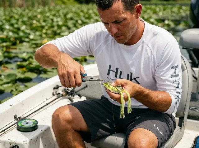 hollow-body-frog-rigging-mistakes-hero Angler bending hollow body frog hooks with pliers — topwater frog rigging technique on bass boat deck
