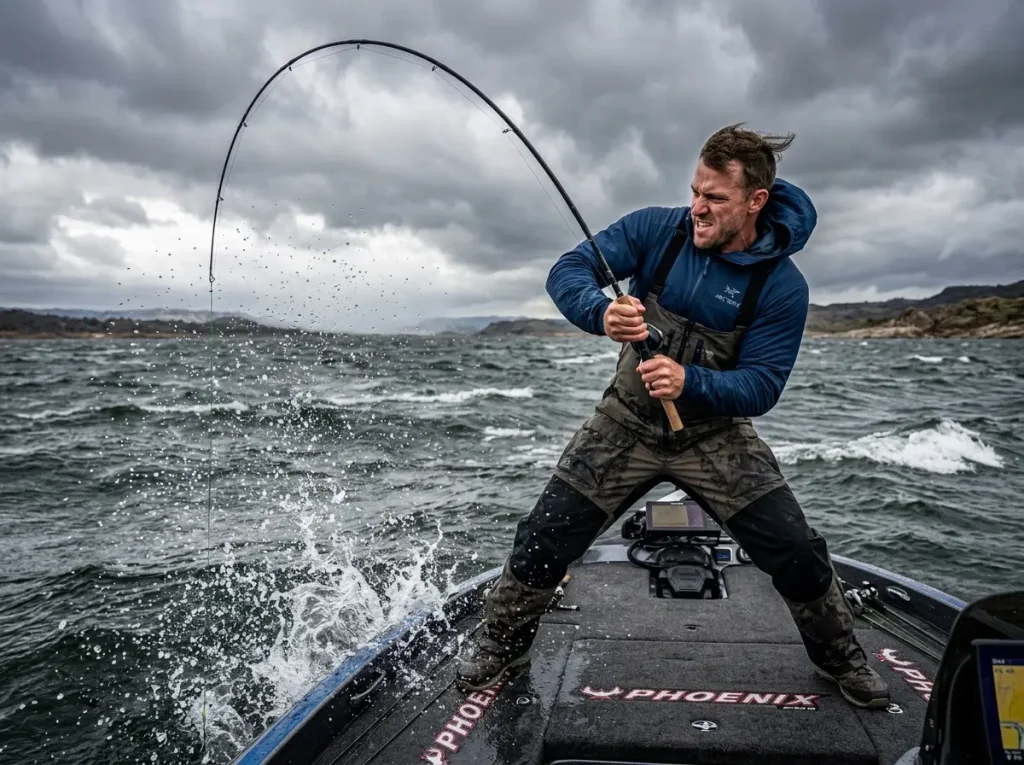 Angler performing a powerful vertical hook set on a heavy graphite rod