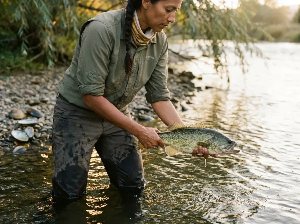 Angler practicing catch-and-release with largemouth bass at river's edge, mussel shells on gravel bank