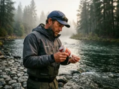 How Fish Smell: The Fluid Dynamics of Bait Selection Angler applying water-soluble scent to a drift rig on a misty riverbank demonstrating how fish smell bait