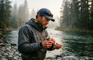 How Fish Smell: The Fluid Dynamics of Bait Selection Angler applying water-soluble scent to a drift rig on a misty riverbank demonstrating how fish smell bait