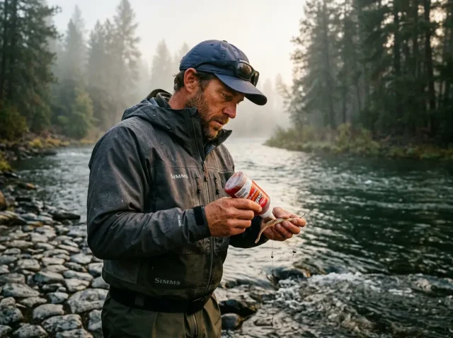 how-fish-smell-bait-attractant-application Angler applying water-soluble scent to a drift rig on a misty riverbank demonstrating how fish smell bait
