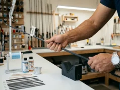 How to Build a Custom Fishing Rod That Actually Performs Rod builder finding spine of a custom fishing rod blank at workshop bench