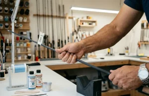 How to Build a Custom Fishing Rod That Actually Performs Rod builder finding spine of a custom fishing rod blank at workshop bench