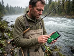 River Too High? How to Read a USGS Stream Gauge for Fishing Angler using an app to learn how to read a usgs stream gauge for fishing safely.