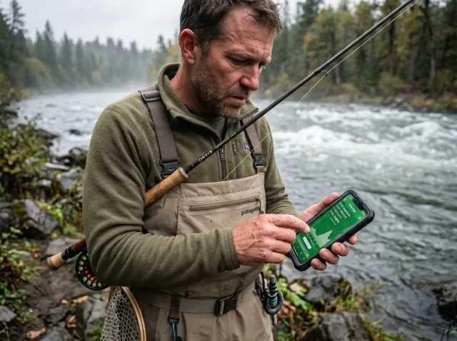 how-to-read-usgs-stream-gauge-fishing-hero Angler using an app to learn how to read a usgs stream gauge for fishing safely.