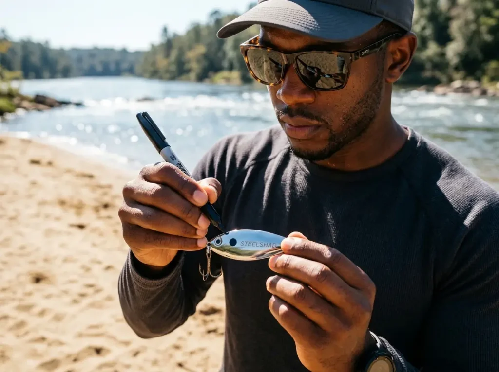 Angler applying a strike target dot to a cold water blade bait