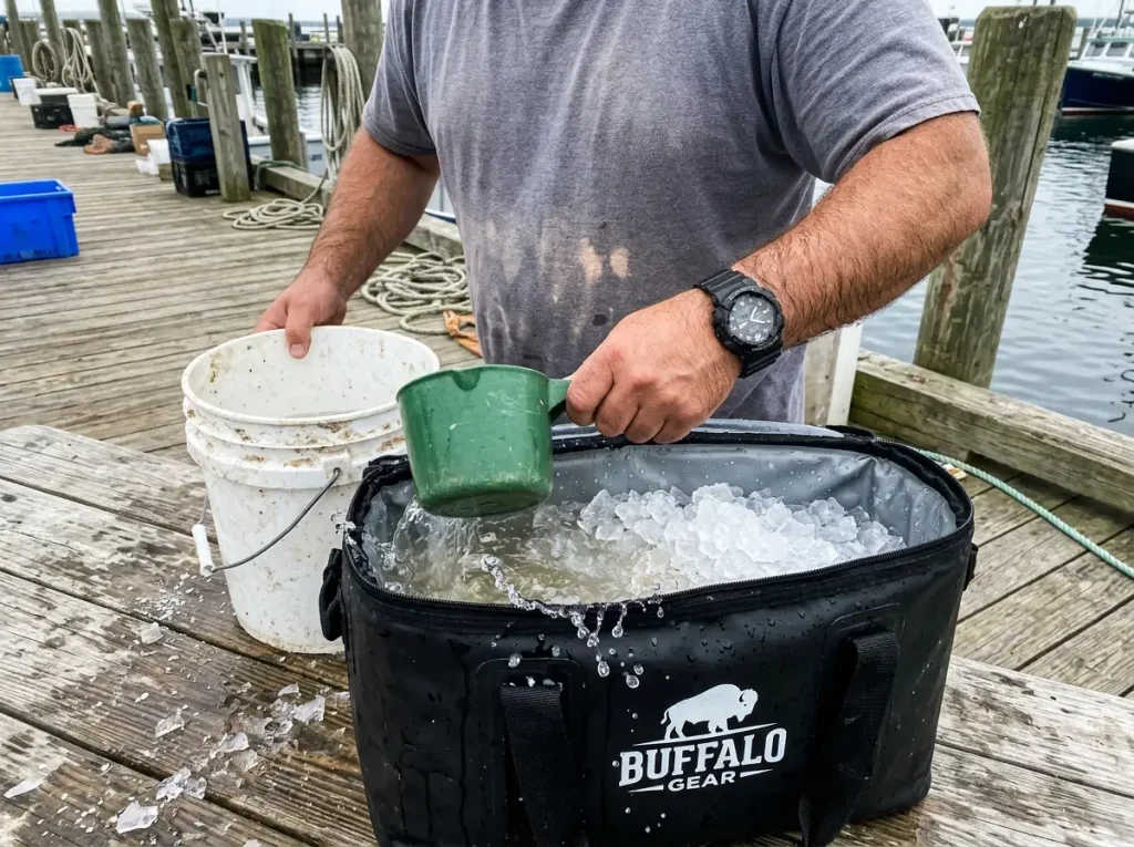 Angler pouring seawater over ice to build a slurry in a fishing cooler bag to keep the catch fresh