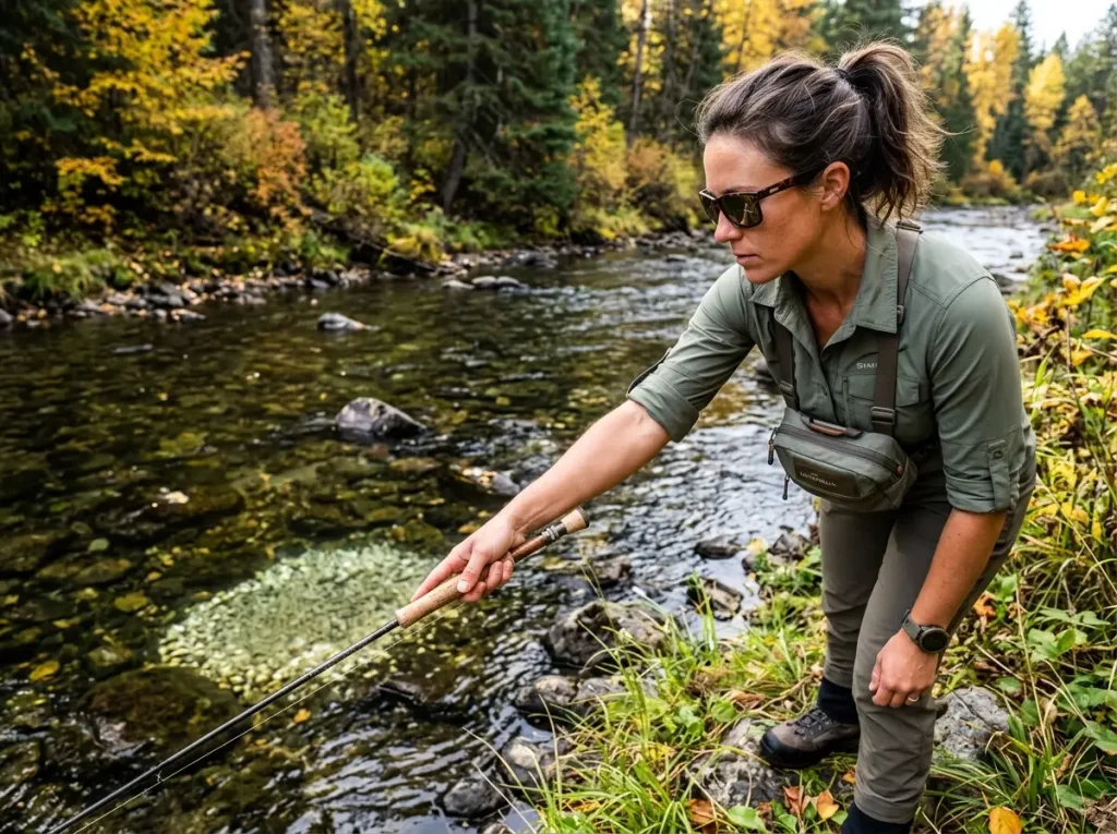 Angler successfully identifying a bright oval trout redd from the riverbank.