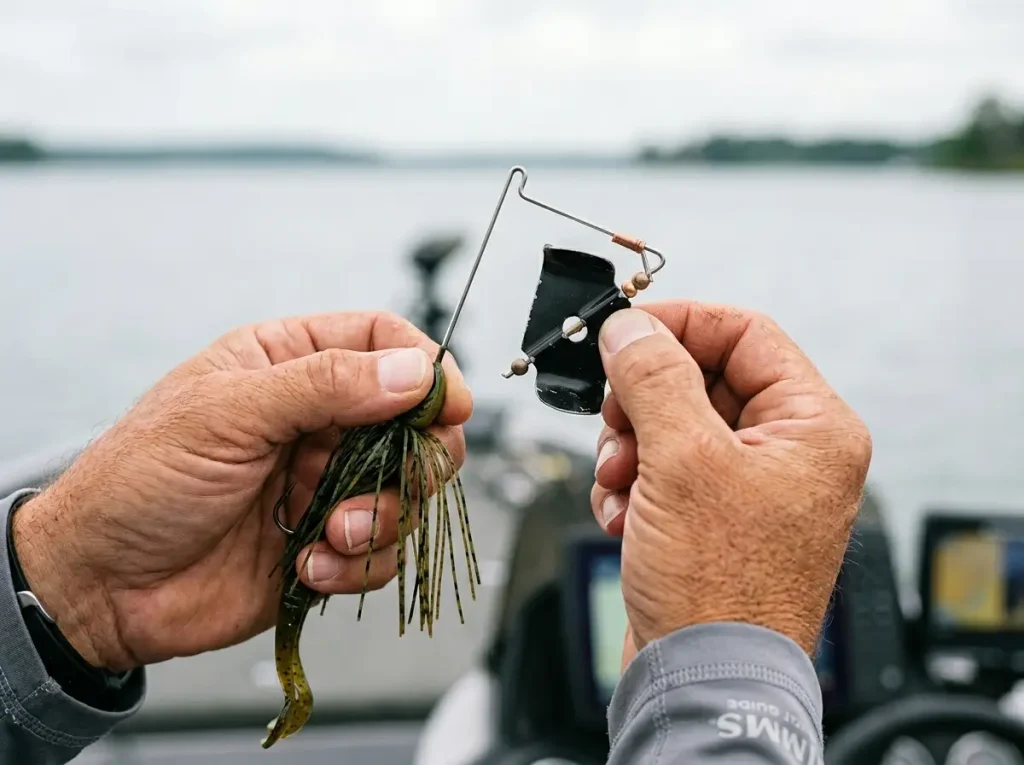 Inspecting buzzbait tuning components and wire arm.