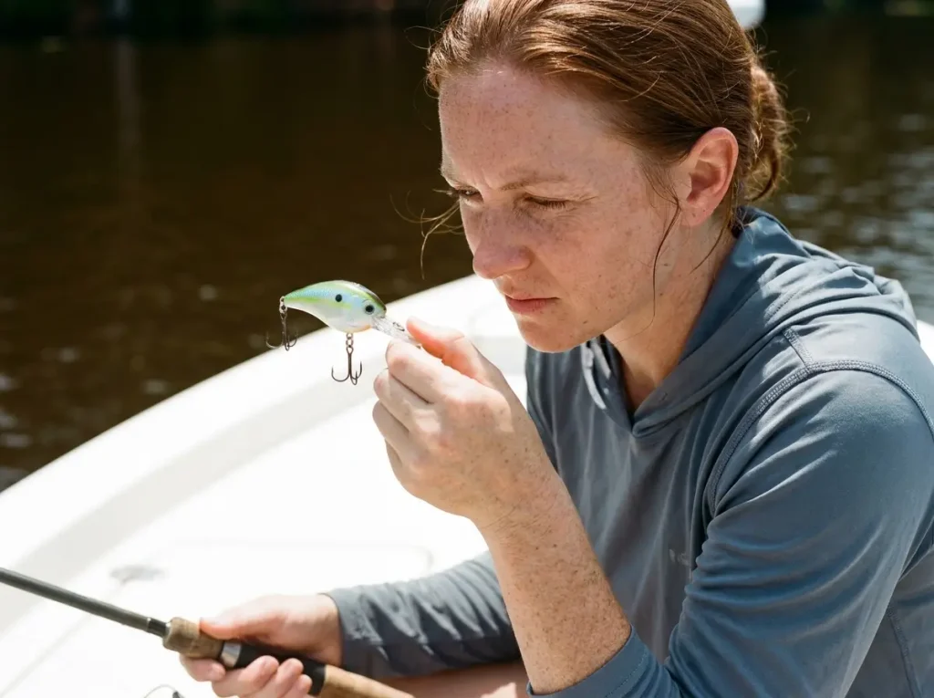 Female angler meticulously inspecting a Citrus Shad crankbait under bright sunlight