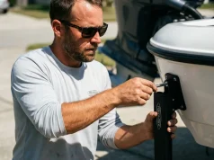 How to Install a Power Pole Shallow Water Anchor Leak-Free Angler tightening bolts to install a power pole shallow water anchor leak-free