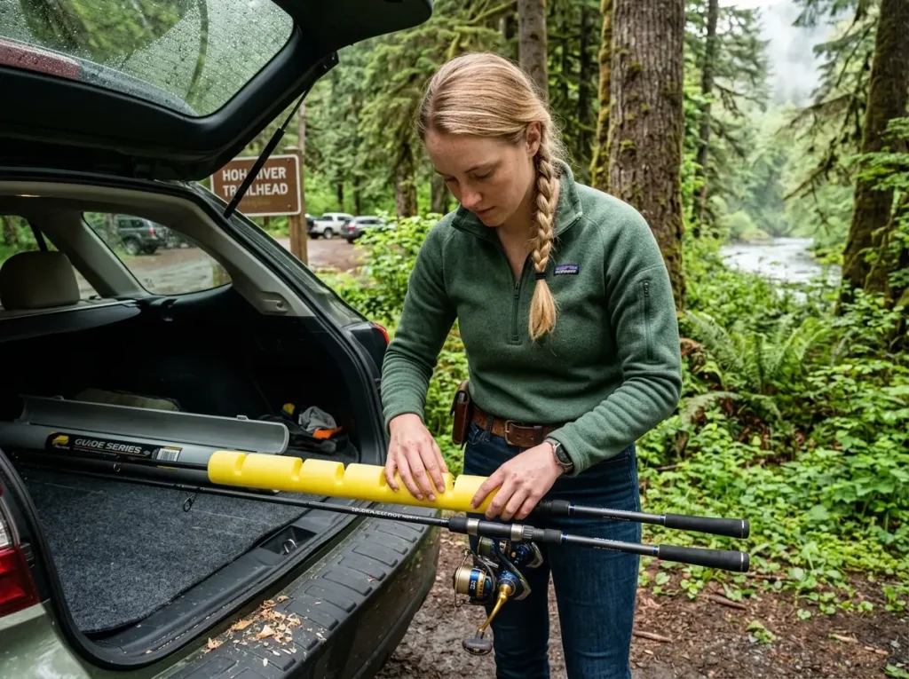 Packing pool noodles inside a fishing rod case travel protection guide.