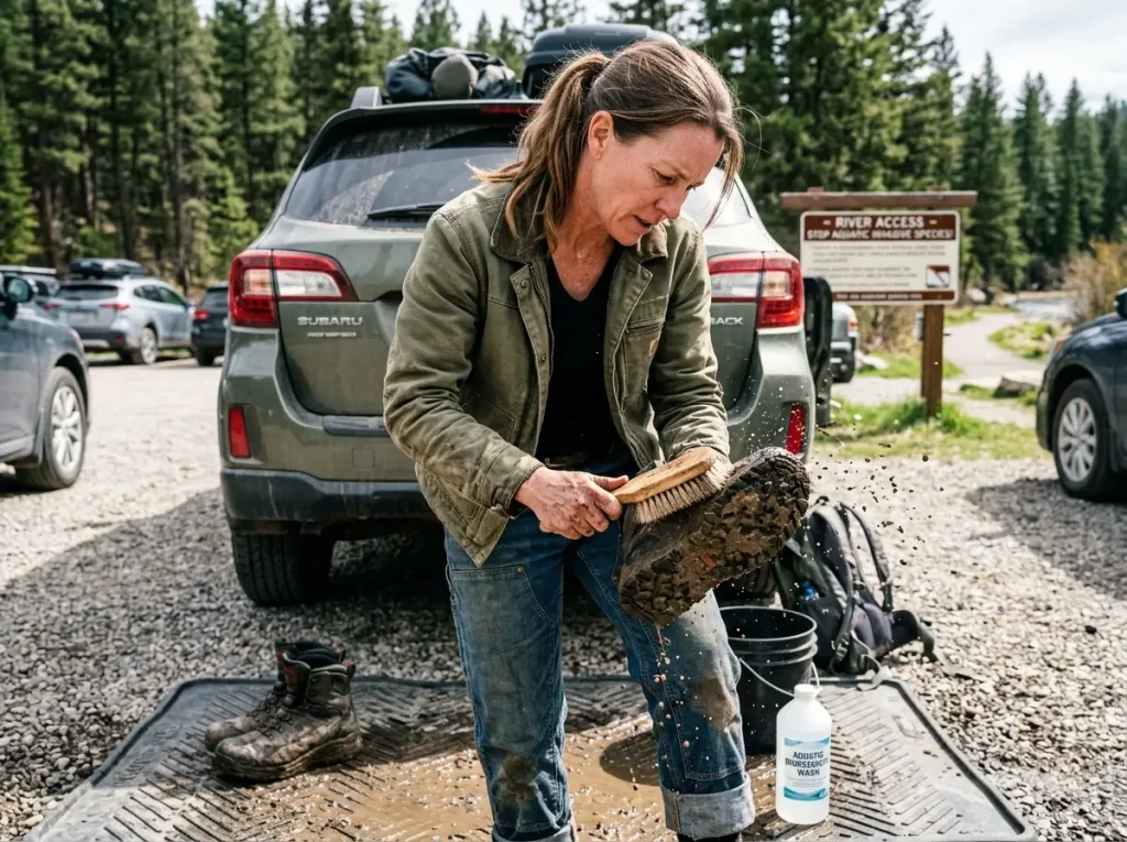 Angler responsibly scrubbing mud from wading boots to prevent the spread of invasive jumping worms.
