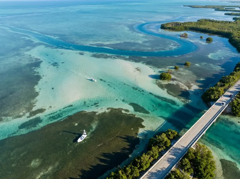 Aerial view of Islamorada backcountry flats and Florida Bay showing bonefish habitat zones
