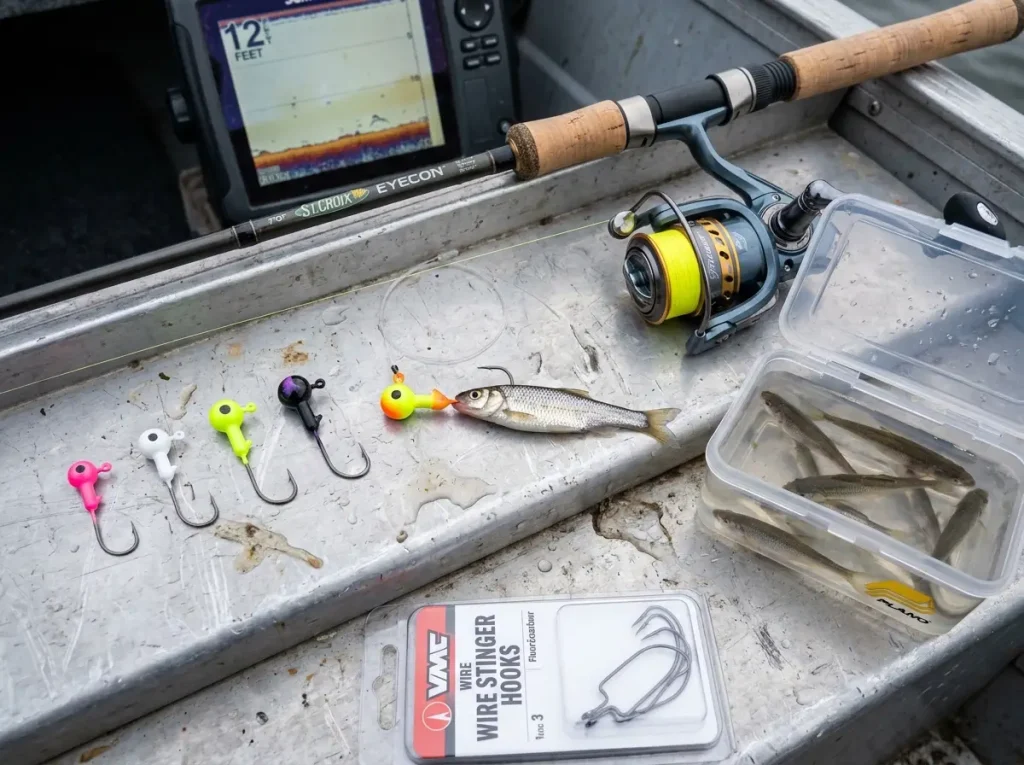 Close-up of jig and minnow rig for pre-spawn river walleye fishing with tackle