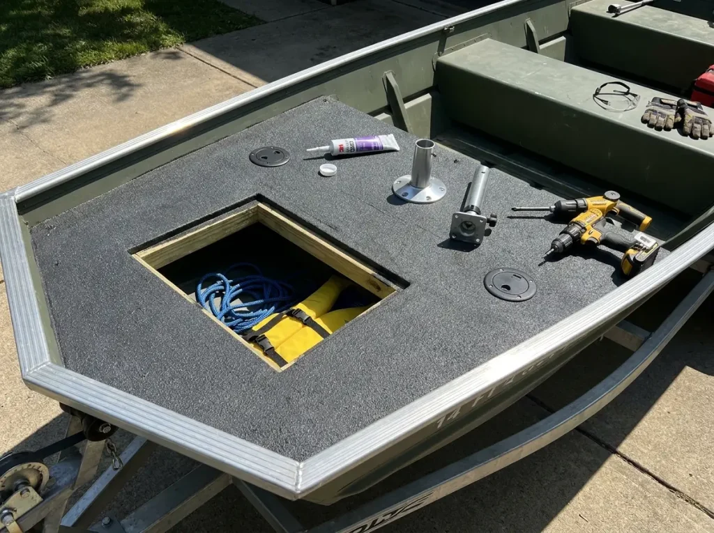 Plywood casting deck installed on a jon boat bow with bed liner coating