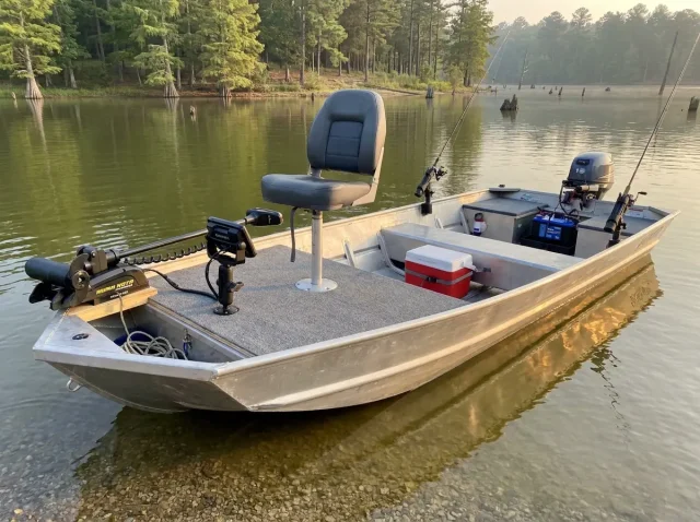 jon-boat-modifications-fishing-setup-hero Modified jon boat with casting deck and fishing electronics on a lake