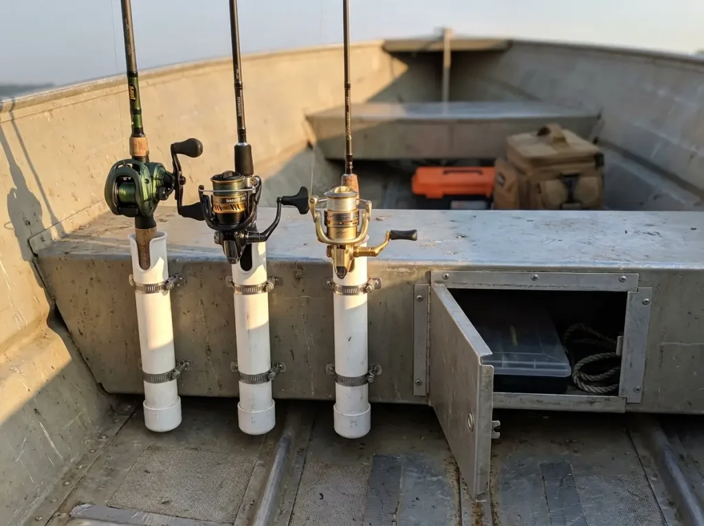 Vertical rod holders mounted on a jon boat thwart holding fishing rods