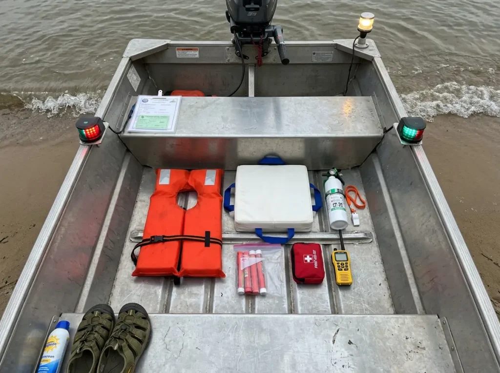 Safety equipment laid out on a jon boat including PFDs and fire extinguisher