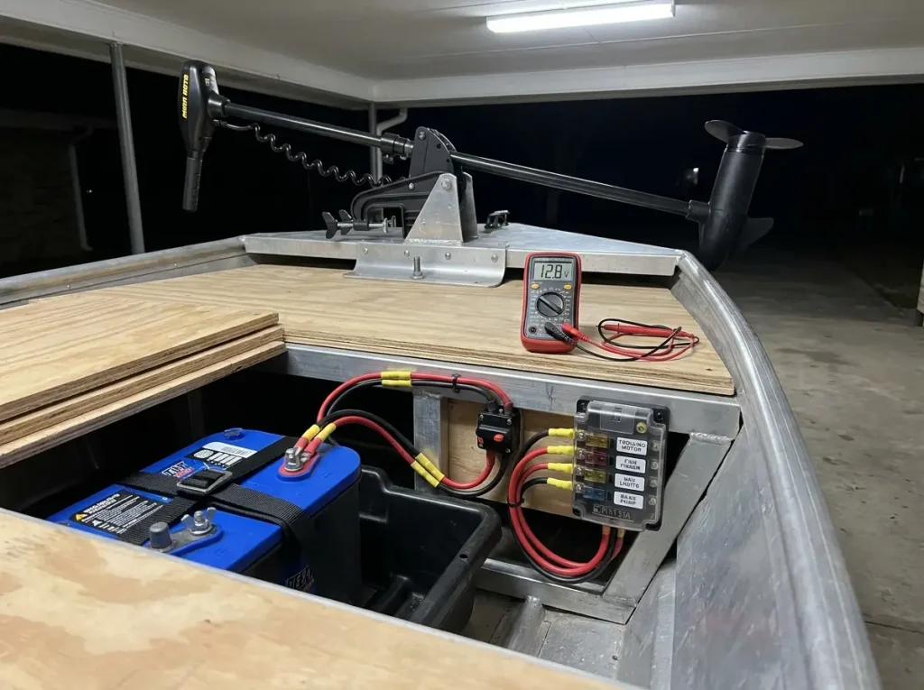 Bow-mounted trolling motor and battery wiring setup in a jon boat