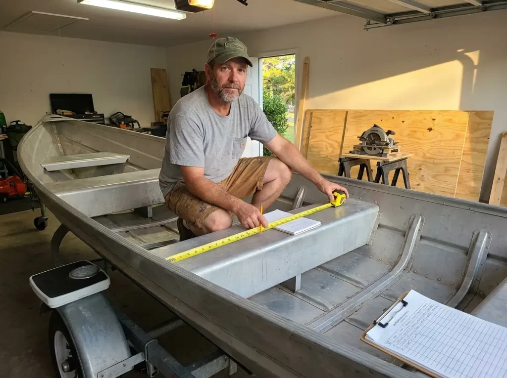 Angler measuring the inside of an empty aluminum jon boat with a tape measure