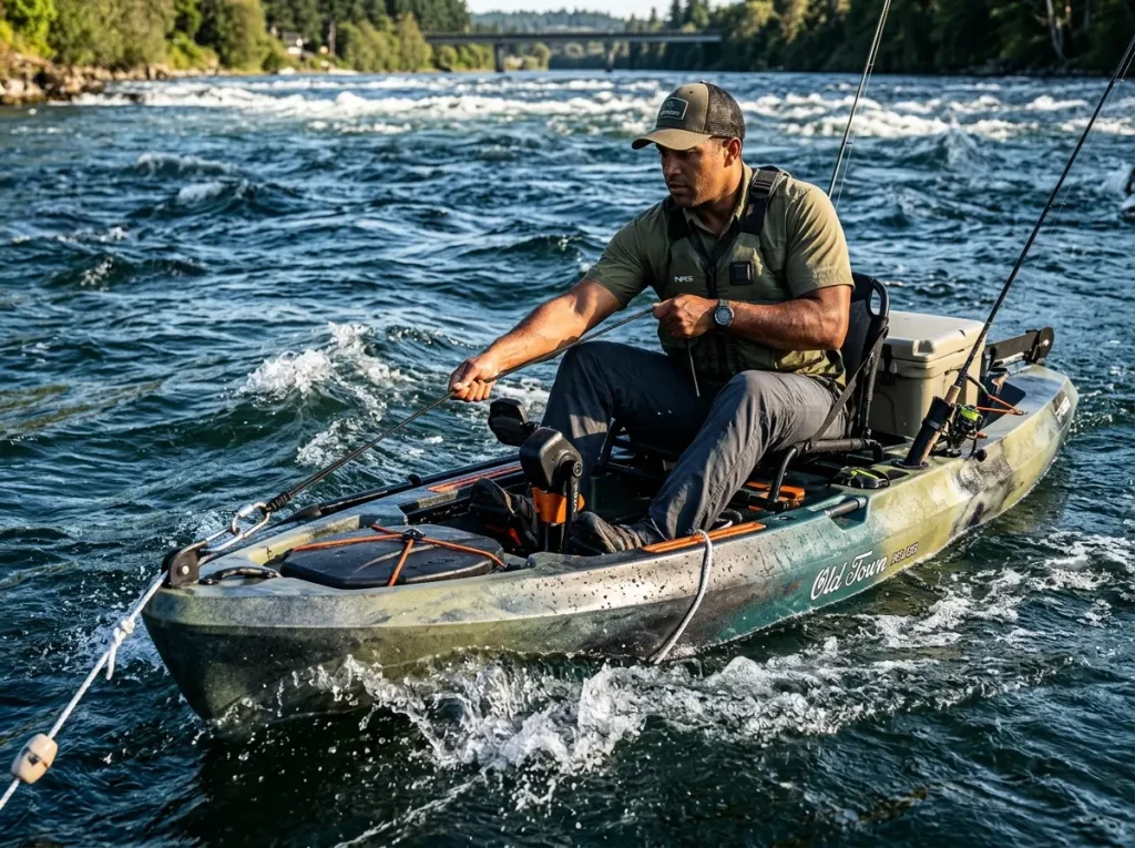 Angler adjusting an anchor trolley at the bow in a fast river