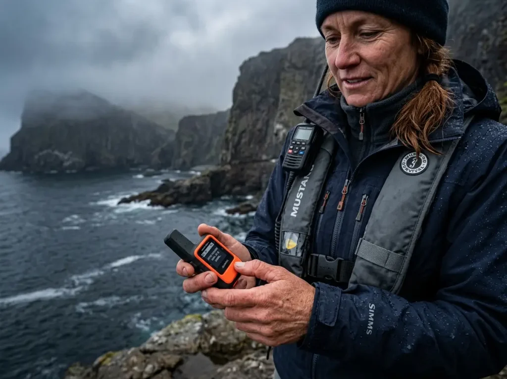 Angler using a Garmin satellite messenger for emergency comms