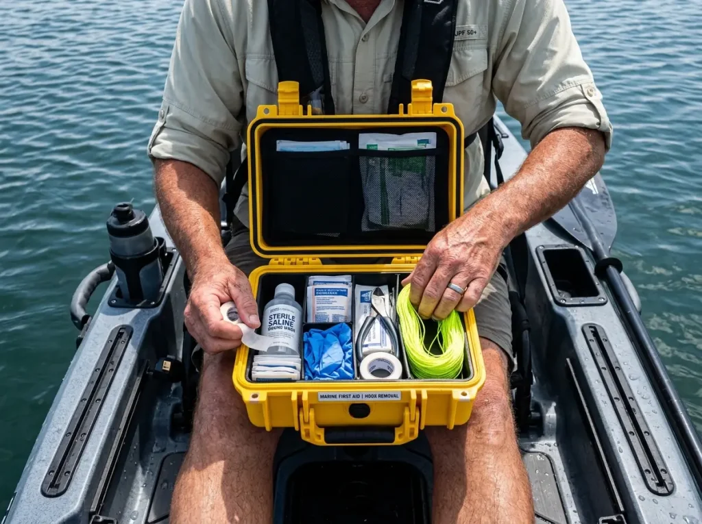 Organized waterproof first aid kit on a kayak deck