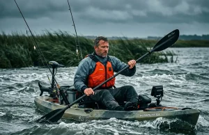 Kayak Fishing Safety for Beginners Real Risks Angler safely navigating choppy tidal water in a stable fishing kayak