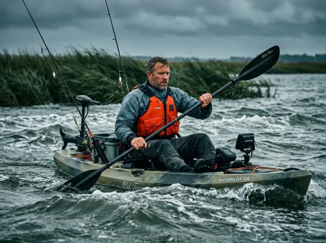 kayak-fishing-safety-beginners-real-risks Angler safely navigating choppy tidal water in a stable fishing kayak