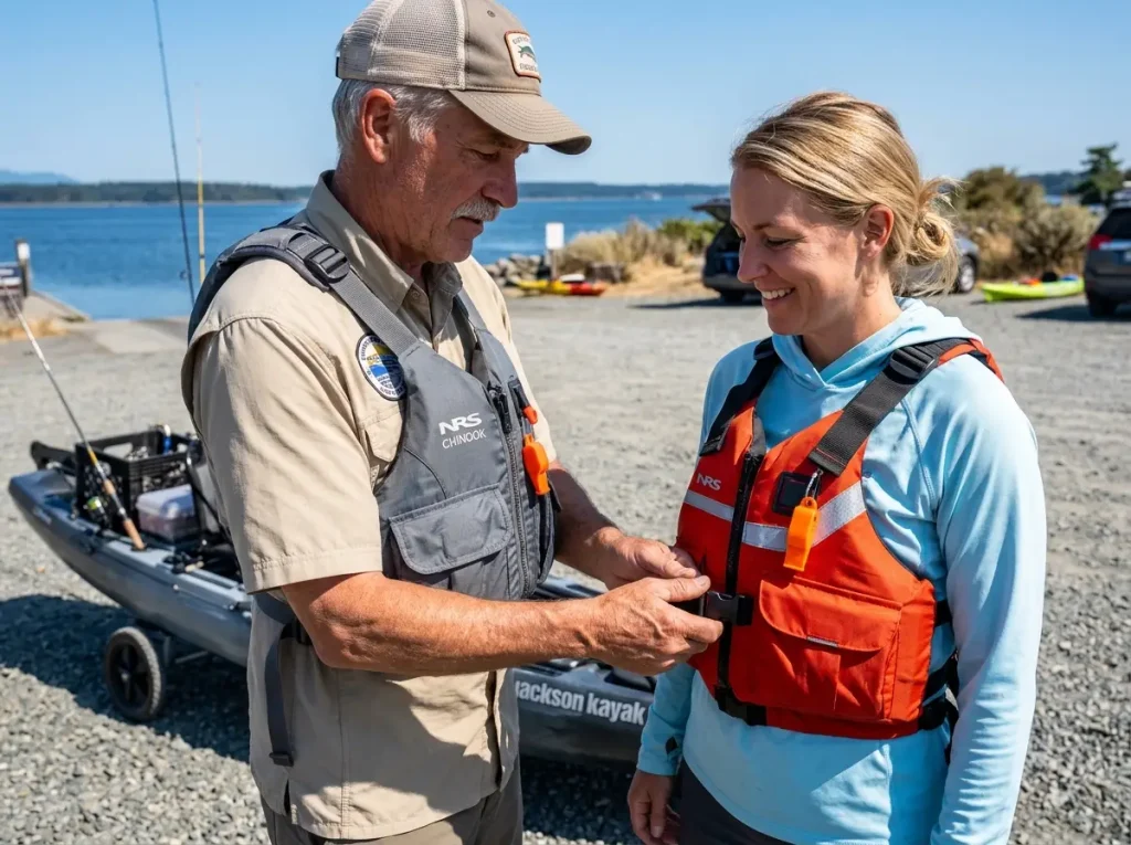 Two kayak anglers performing a PFD safety check before launching