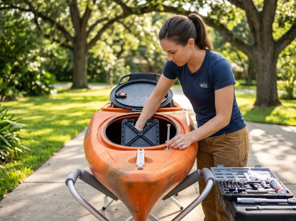 Technician installing backing plates for secure through-bolt mounting of kayak rigging accessory rail track systems on hull.