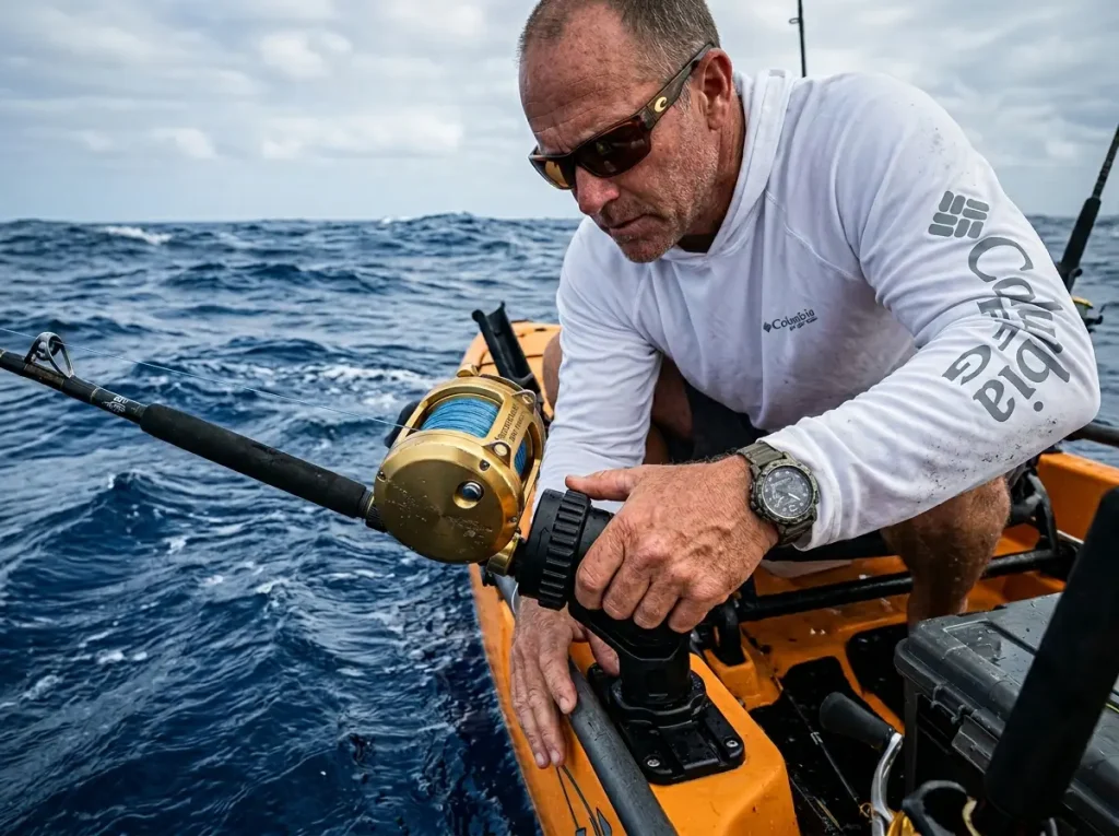 Heavy trolling rod gear mount locked into sturdy kayak rigging accessory rail track systems resisting fishing torque forces.