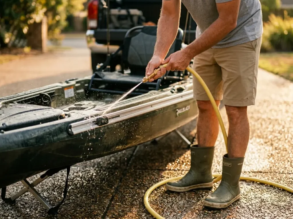 Angler flushing fresh water through kayak rigging accessory rail track systems to maintain condition and prevent salt damage.
